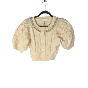 MABLE Women's Cream Pearl Cable Front Button Short Sleeve Sweater Cardigan NWT S
